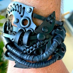 Large black steampunk leather cuff bracelet, Steampunk inspired mens bracelet